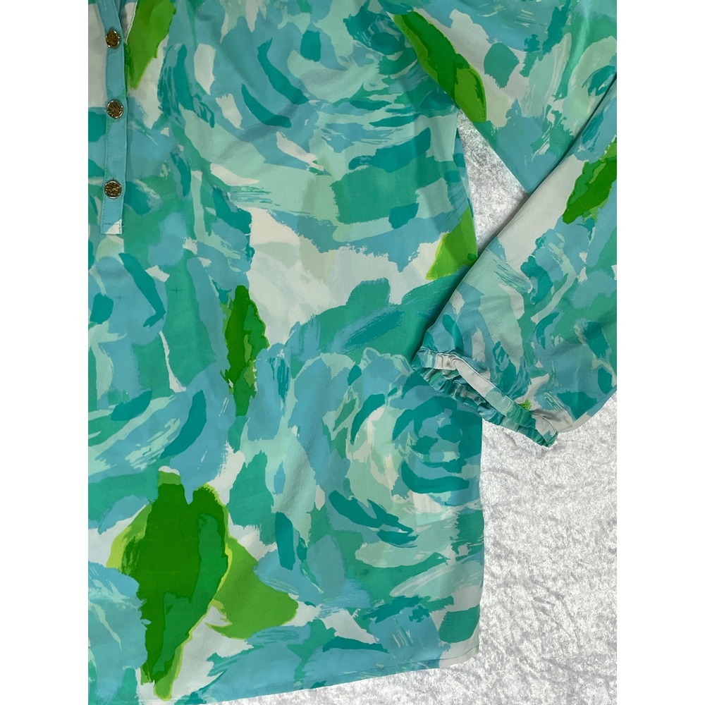 Lilly Pulitzer Blouse Womens M Aqua Green Silk Elsa Floral Excellent Long Sleeve - Picture 6 of 8